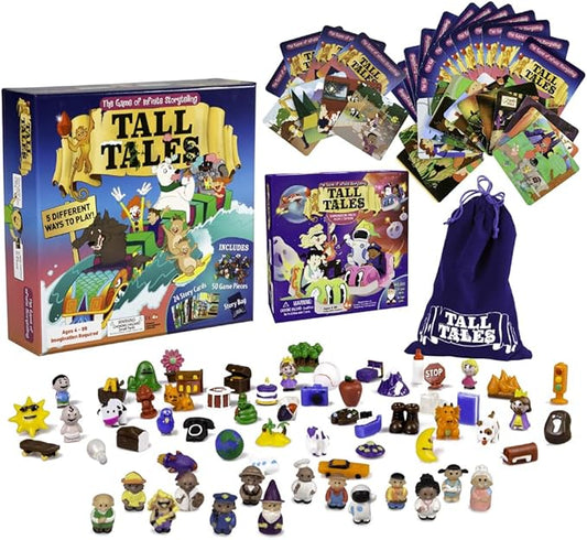 SCS Direct, Tall Tales Board Game & Expansion Combo Pack (93 Piece Set) - Educational Story Telling Game w Story Cards & Game Pieces for 5 Ways to Play for Kids & Adults