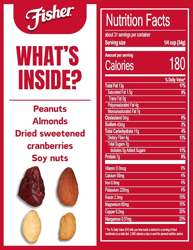 Fisher Snack Hunger Fighter Bulk Trail Mix, 38 oz (Pack of 1), Peanuts, Almonds, Dried Sweetened Cranberries and Soy Nuts, Snacks for Adults and Kids, Dried Fruit, Healthy Snacks for Adults