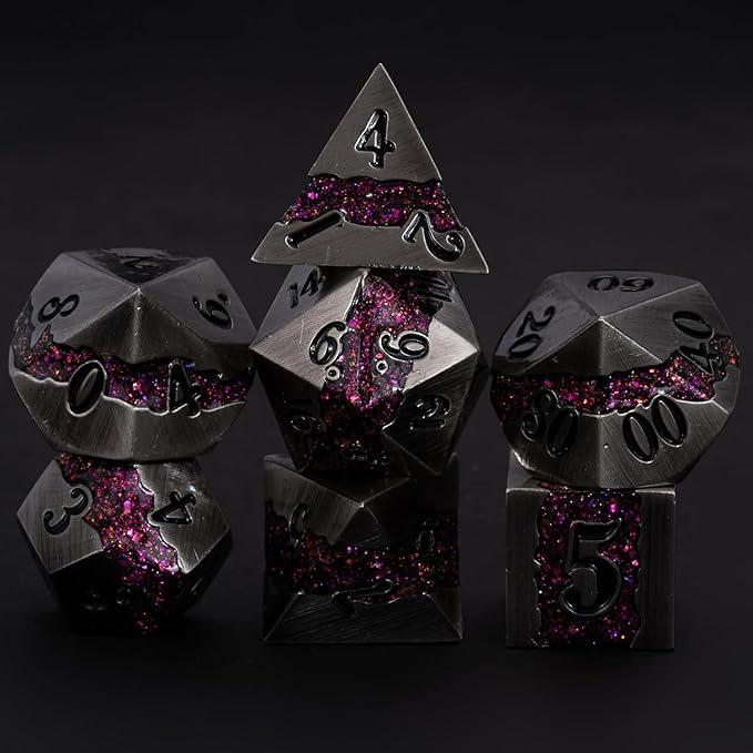 Metal DND Polyhedral Dice,Large Stripe Glitter Metallic Dice Set,Antique Silver Dice 7pcs Set for Role Playing Games(Antique Nickel Rose Red)