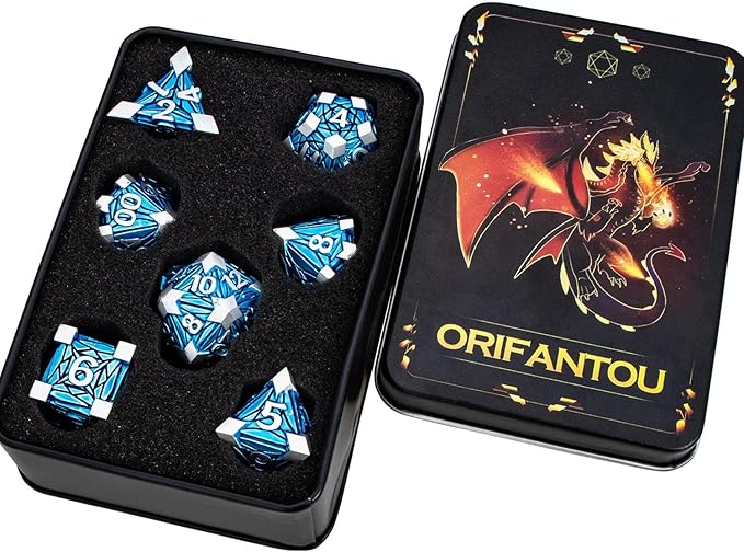 7PCS Metal DND Dice Set with Box, Debris RPG Blue D and D Dice for use with D&D Tabletop Games Role Playing Game Polyhedral Dice Set D20 D12 D10 D8 D6 D4