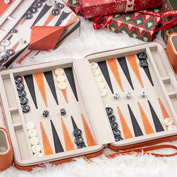 Backgammon Sets for Adults, Classic Board Game with Folding Leather Backgammon Case, Portable Travel Backgammon Game Set (Orange)