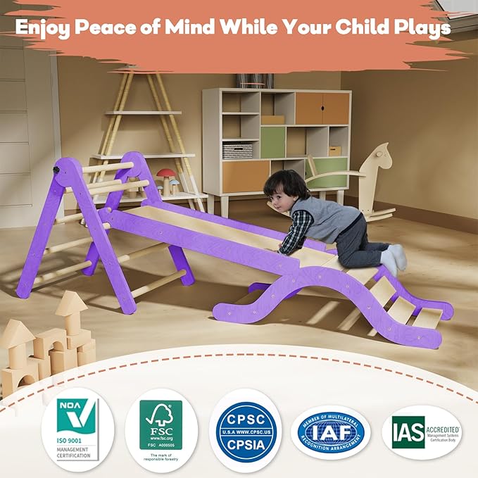 Pikler Triangle Set 7in1 Toddler Climbing Toys Indoor Foldable Baby Climbing Toys Wooden Montessori Climbing Set with Arch, Ramp, Ladder for 1-3 Years, Jungle Gym for Kids (Purple)