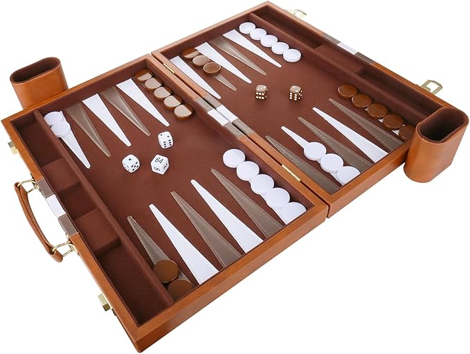 Backgammon Set - Classic Board Game with Premium Leather Case - Portable Travel Strategy Backgammon Game Set for Adults, Kids (11inch, Brown)