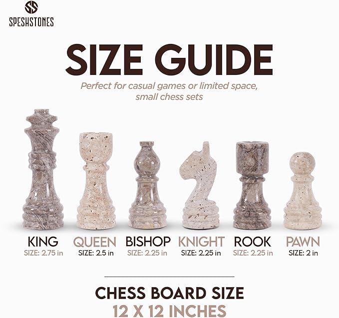 Marble Chess Set 12 Inch Handmade Oceanic & Travertine Board Game with Storage Box, Classic Travel Chess Set for Adults with Pieces & 2 Extra Queens, Elegant Gift & Home Décor