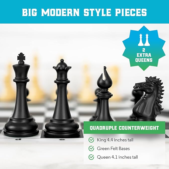 Best Chess Set Ever 4X Quadruple Weighted Tournament Chess Game (4.4" King) Large Staunton Modern Pieces, 20x20 Big Reversible & Foldable Silicone Mat, Professional Chess Board Set for Adults & Kids