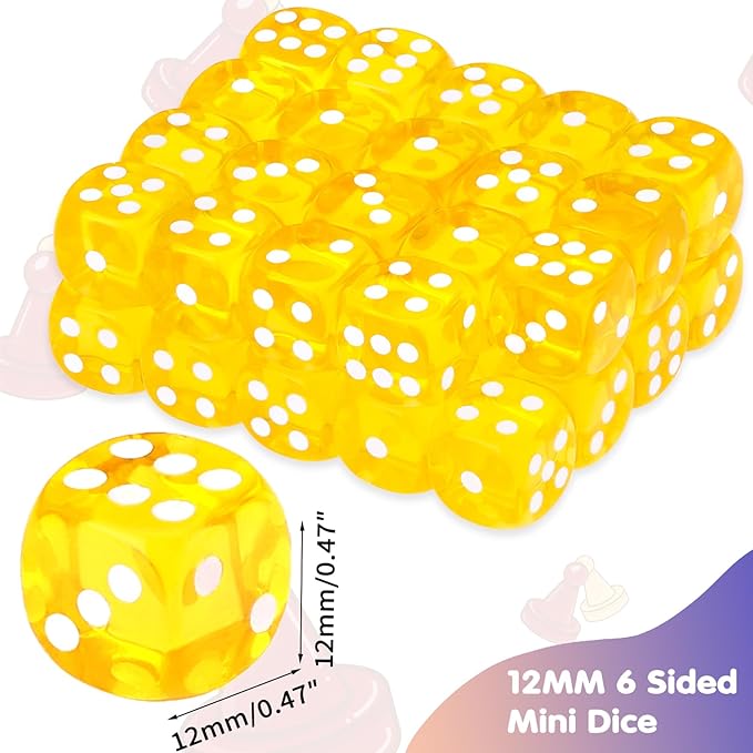36 Pieces 12mm 6 Sided Mini Dice Set,Translucent Colors D6 Game Dice Set,6 Sided Standard Game Dice for Board Games Dice Games Classroom Teaching Dices Game,with Portable Gaming Box(Yellow)