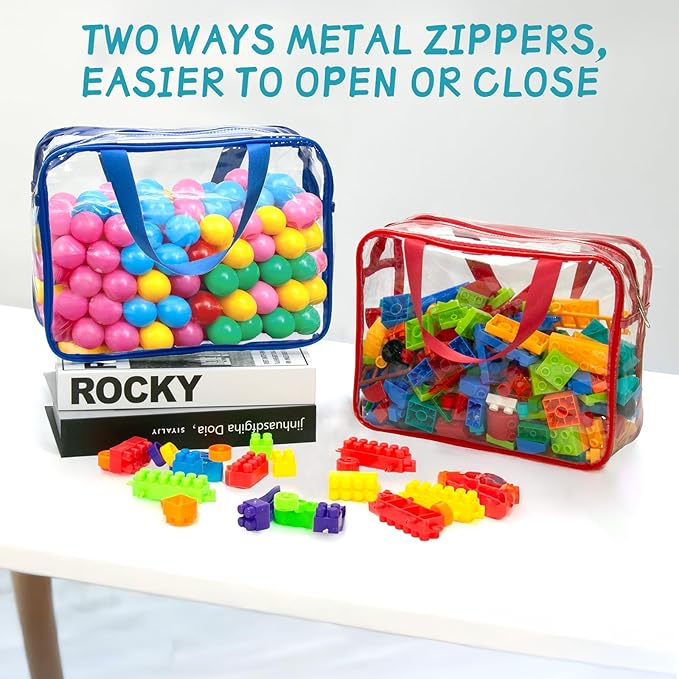 8 Packs 8 Colors Large Toy Storage Bags with Zipper and Labels, Clear PVC Waterproof Toy Organizers Bags for Board Games, Puzzles Pieces, Building Blocks, Handmade Accessories, Kid Books
