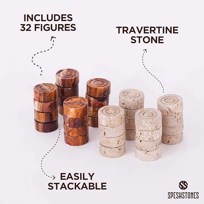 Marble Checkers 1.25 Inch Brown and Travertine Stone Pieces for Classic Checkers Board Game, Tabletop Strategy Set for Adults & Family, Travel, Outdoor Play