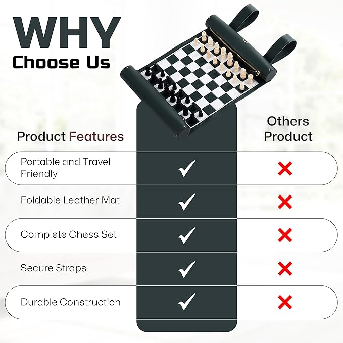 Roll Up Chess Set - 11" Foldable Leather Chess Mat with Wooden Chess Pieces - Portable Travel Chess Set with Straps - Perfect Chess Game for Airplane, Camping, and More (Green)