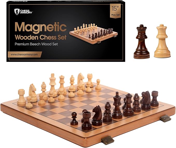 Chess Set Magnetic - Premium Wooden Board Game with a Portable Wood Case and Secure Storage for Pieces, Set for Kids and Adults (Beech Wood) - Chess Armory