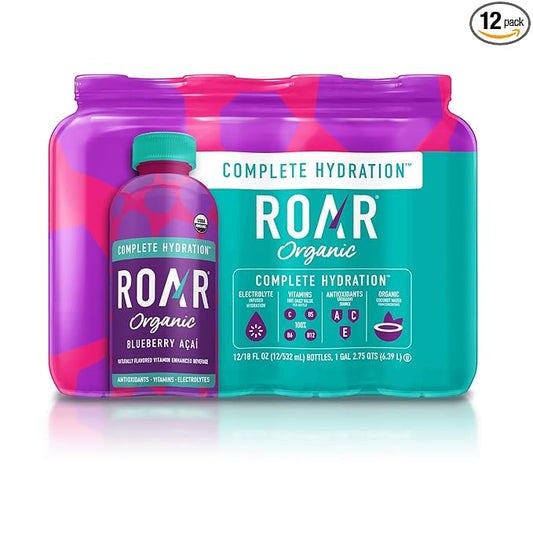 Roar Organic Electrolyte Infusions - USDA Organic - Blueberry Acai - with Antioxidants, B Vitamins, Low-Calorie, Low-Sugar, Low-Carb, Coconut Water Infused Beverage 18 Fl Oz (Pack of 12)