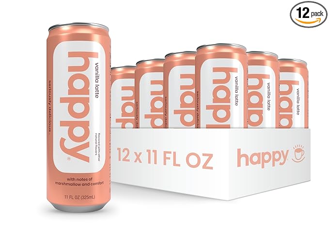 happy coffee canned vanilla latte, 11 oz. cans, 12 pack, notes of marshmallow & comfort, 100% arabica beans, no artificial flavors or sweeteners