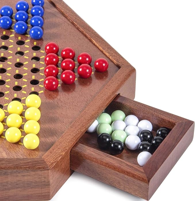 AMEROUS 12.5 inches Wooden Chinese Checkers Set with Storage Drawer - 60 Acrylic Marbles in 6 Colors - 12 Bonus Spare Marbles, Classic Strategy Family Board Game for Kids and Adults