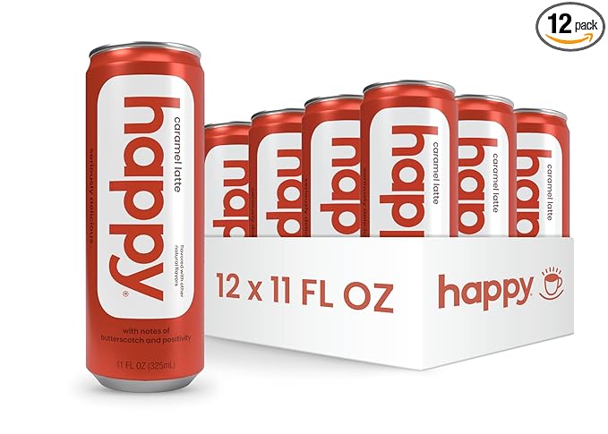 happy coffee canned caramel latte, 11 oz. cans, 12 pack, notes of marshmallow & comfort, 100% arabica beans, no artificial flavors or sweeteners