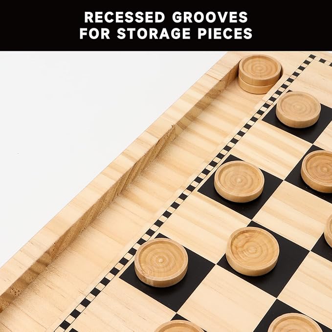 GSE Games & Sports Expert 2-in-1 Reversible Natural Wood Checkers and Tic-Tac-Toe Board Combo Set with Game Pieces, Family Game for Kids & Adults