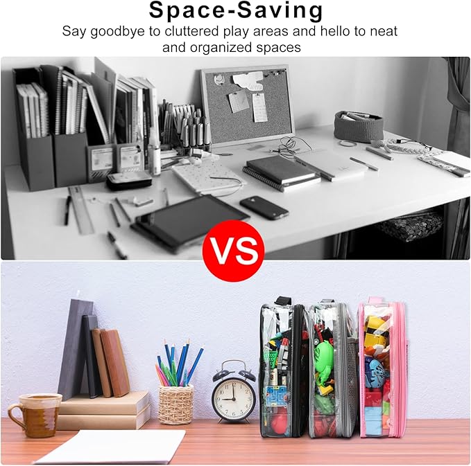 4 Pack Clear PVC Waterproof Toy Storage Bags with Name Tag Pockets - Zippered Organizer for 2x4 Building Blocks, Puzzles, Travel Toiletries, Kids Room Organization (Black, S & M)