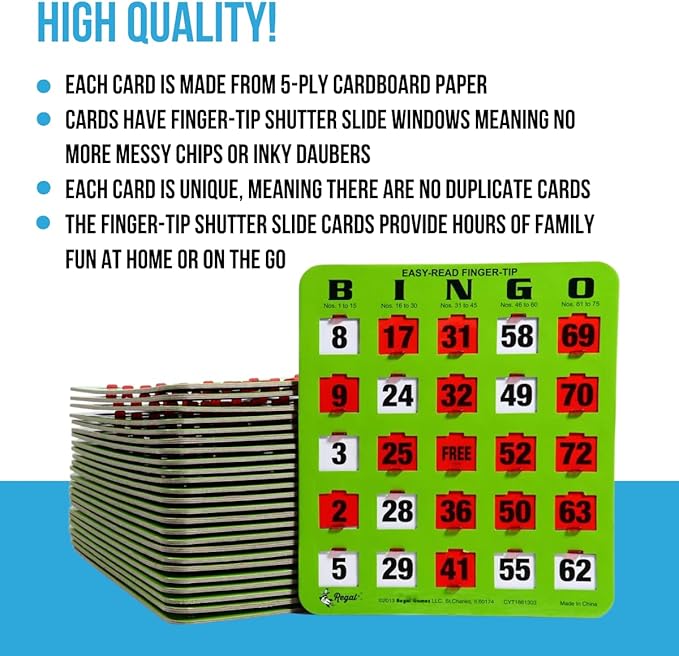 Regal Bingo - Shutter Slide Bingo Cards Only - 8” x 9” - 5-Ply Green Cardstock - Easy to Read - No Duplicates - Red Sliding Windows - Perfect for Large Groups, Bulk Purchasing