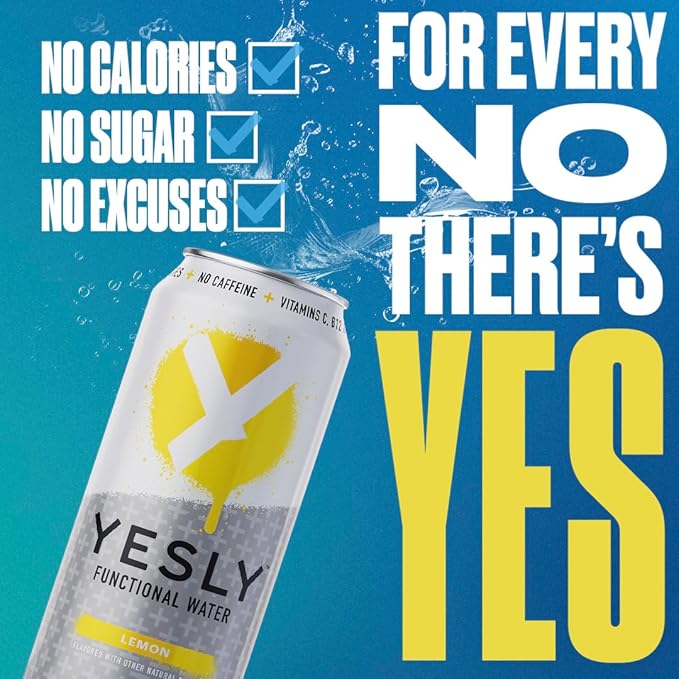 Yesly Functional Water, Lemon, Naturally Flavored Still Water with Electrolytes, Magnesium, Potassium, Vitamin C, B6 & B12, Zero Sugar, No Artificial Sweeteners, Caffeine Free, 16 Fl Oz Cans, 12 Pack