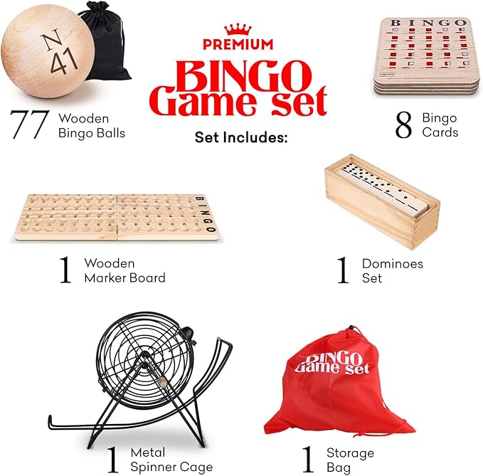 Professional Deluxe Bingo Game Set – Bundle with Dominoes Set – Bingo Balls with Cage – Cards - Storage Bag for Family Kids and Adults