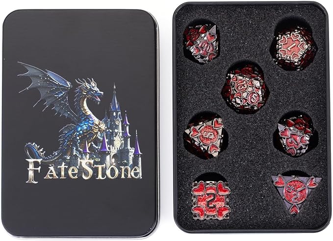 DND Metal Dice 7 pcs DND dice Set with Gift Box for Dungeons and Dragons MTR PRG Tabletop Games (Black-Red)