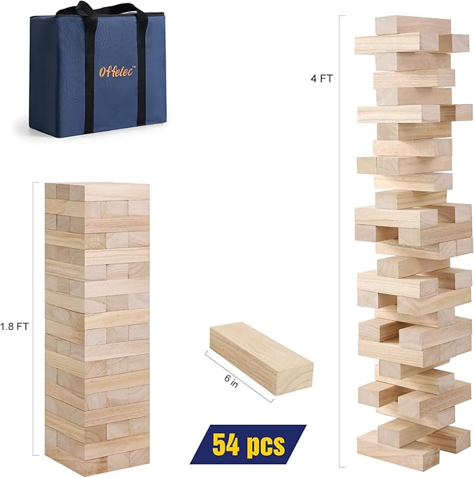Large Tumble Tower Game, Giant 54 Wooden Blocks Lawn Yard Games with Carry Bag Outdoor Timber Stacking Game for Halloween Christmas Festival Toy Gift for Kids Adults Family (Over 4 Ft)