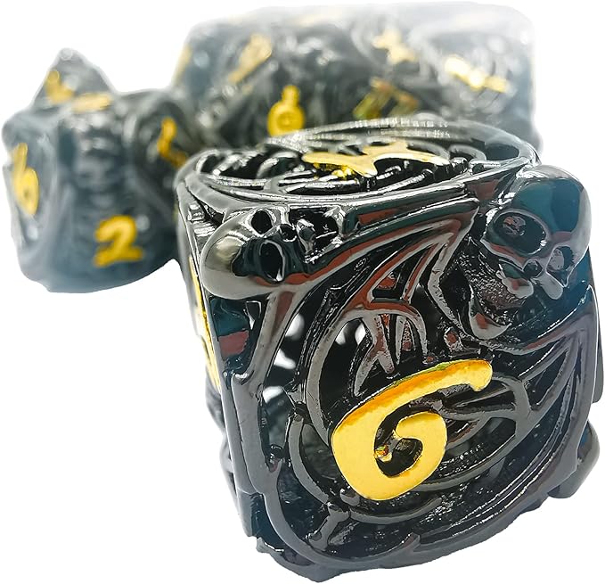 Metal DND Dice Set Skull Dungeons and Dragon Dice Set Hollow Polyhedral Magic 7 PCS Dice Set with Gift Metal Box for Dungeons and Dragons Table Games Play Cards MTG(Skull_Black Plus Gold)