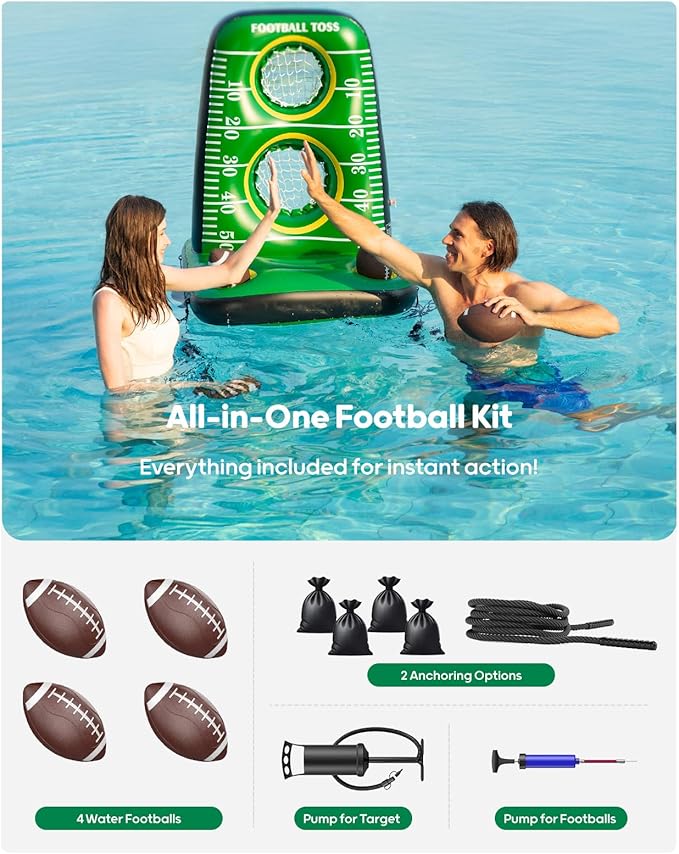 QPAU Inflatable Football Toss Game for Pool – Water Football Target with 4 Balls & 2 Pumps, Dual Net Design, Stable Base, Summer Pool Game for Kids & Adults