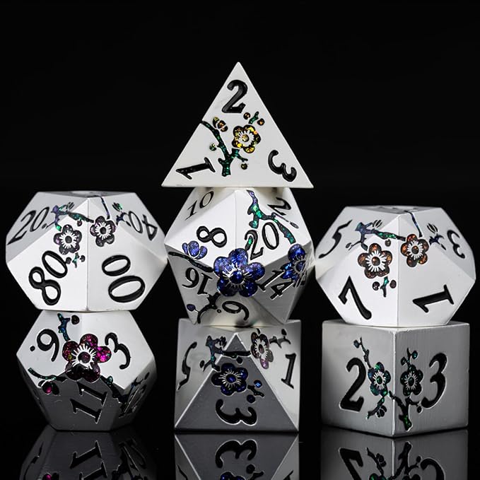 7 PCS Solid Metallic Flower D&D Dice Set,Metal Dungeons and Dragons Dice Set with Gift Box for DND Tabletop Game (Silver-Seven Colour Brocade)