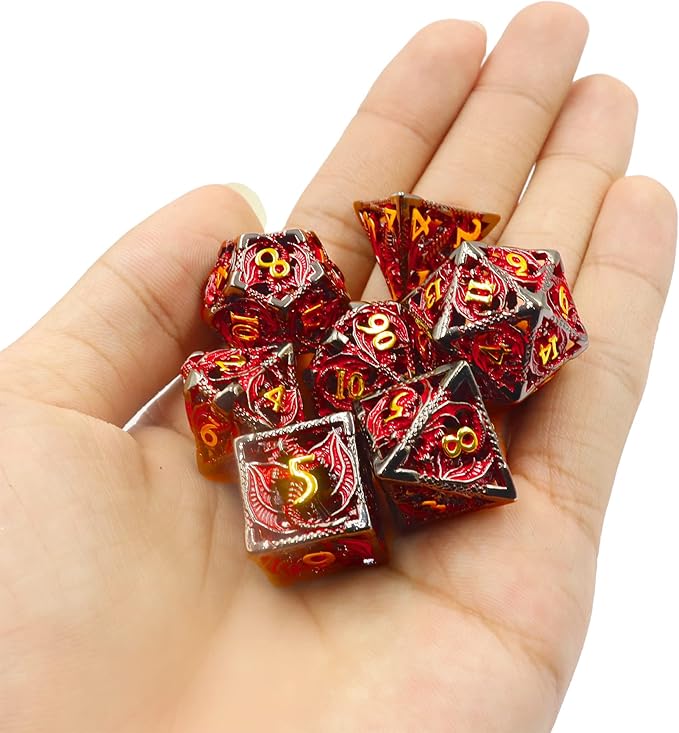 Metal DND Dice Set Dungeons and Dragon Dice Set Hollow Dragon Polyhedral Magic 7 PCS Dice Set with Gift Metal Box for Dungeons and Dragons Table Games Play Cards MTG(Dragon_Black Red Plus Gold)