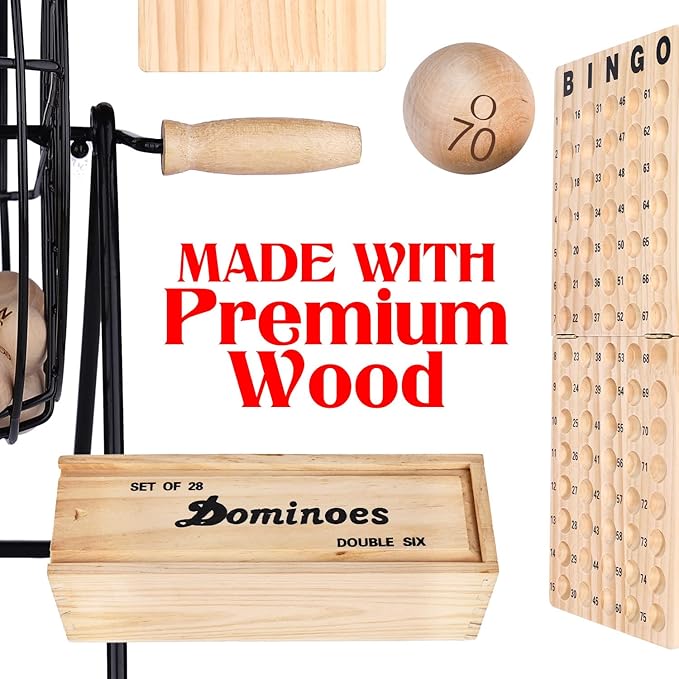 Professional Deluxe Bingo Game Set – Bundle with Dominoes Set – Bingo Balls with Cage – Cards - Storage Bag for Family Kids and Adults
