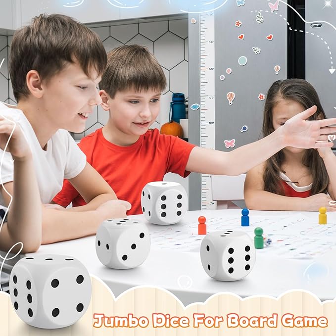 6 Pcs 4" Large Foam Dice Giant Cube with 6 Sided Number Dots Jumbo Soft Slow Big PU Foam Stress Ball for Party Game Math Learning Props Stress Relief Gifts(White)