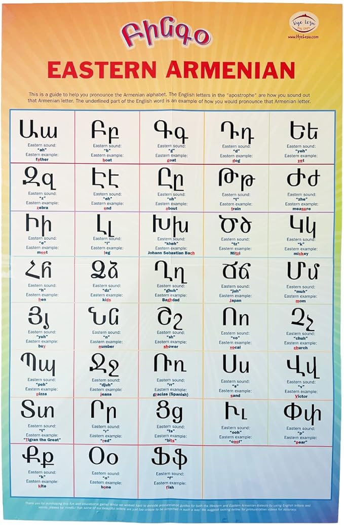 Armenian Alphabet Bingo, Eastern and Western Pronunciations, Play Bingo and Learn Armenian, Ages 3+
