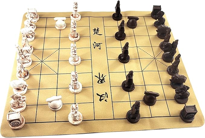 Traditional Chinese Xiangqi Portable Chess Set,Travel Board Game Set with Resin Chess Pieces and Leather Chessboard