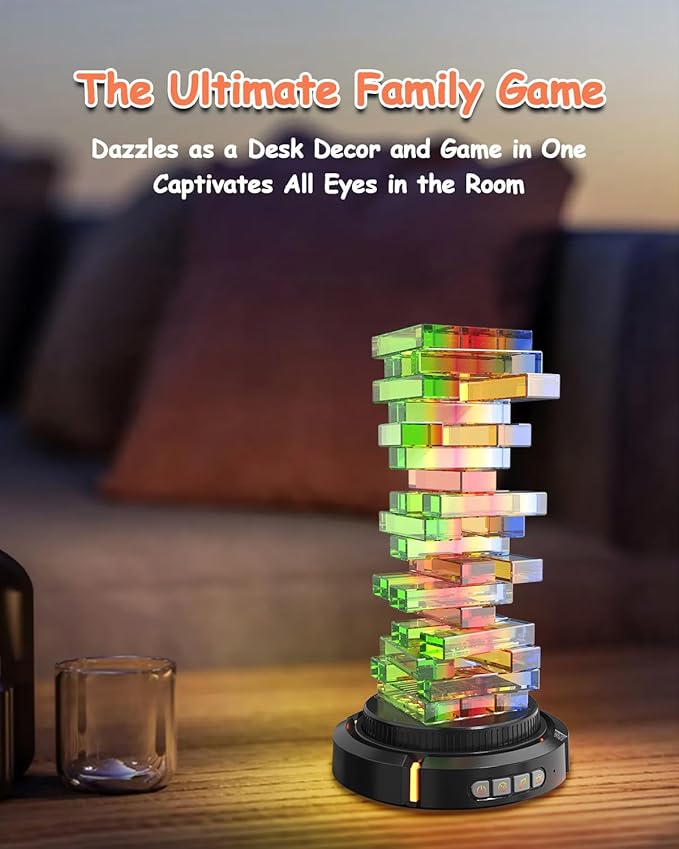 Glow in the Dark Tumbling Tower Game, Rotatable Base and Pickup Lights, Acrylic Blocks, Glowing RGB Stacking Game for Adult Kid, Indoor Board Game for Family Nights Party, Gift for Birthday Christmas