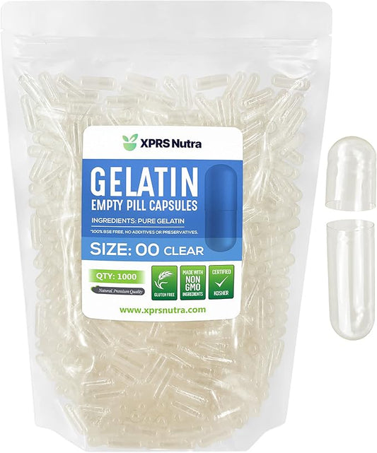 XPRS Nutra Size 00 Empty Gelatin Capsules - 1000 Count Fillable Pill Caps Empty Gel Caps (Clear)