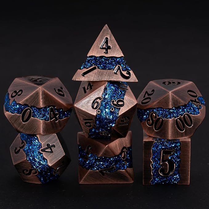 Metal DND Polyhedral Dice,Large Stripe Glitter Metallic Dice Set,Antique Silver Dice 7pcs Set for Role Playing Games(Antique Copper Blue)