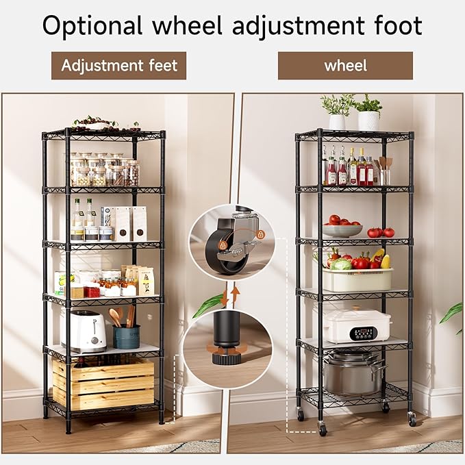 Small 6 Tier Shelves Storage Wire Shelving Unit Metal Shelf Adjustable Organizers Storage Shelving with Wheels for Bathroom Laundry Room Kitchen Pantry12”D x 18”W x 61.6”H Black