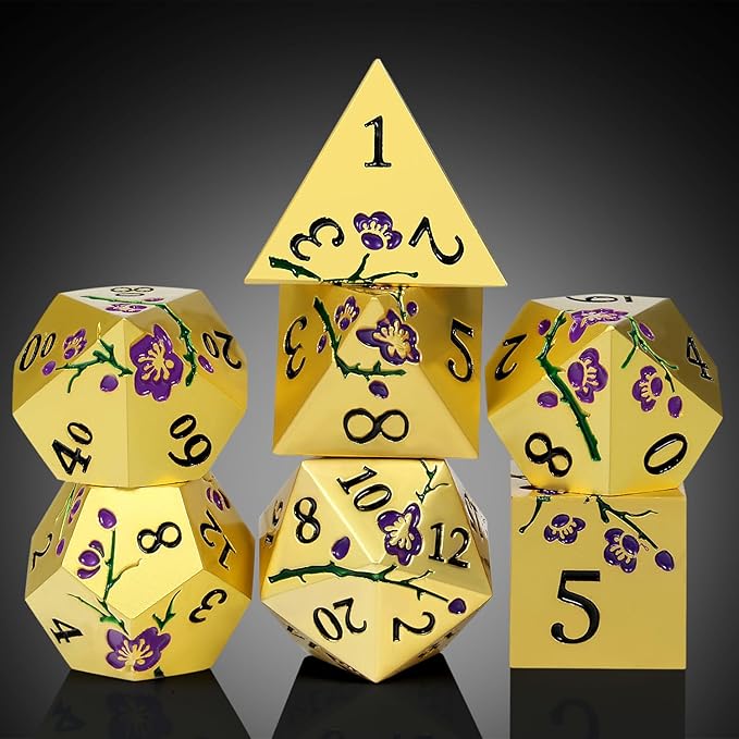 DNDND Metal Dice Set, 7 PCS Metallic Flowers DND Dice with Gorgeous Gift Case for D&D Dungeons and Dragon Tabletop Game (Purple Flowers with Gold)