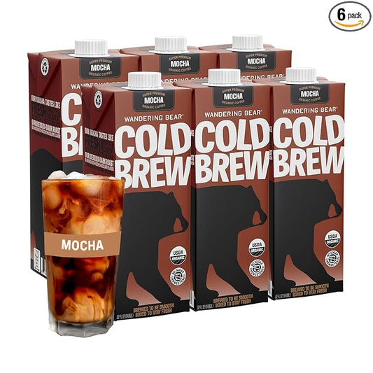 Wandering Bear Organic Mocha Cold Brew Coffee, 32 fl oz, 6 pack - Extra Strong, Bold, Smooth, Unsweetened, Shelf-Stable, Ready to Drink, Gluten Free, & Vegan, Iced Cold Brewed Coffee Drinks