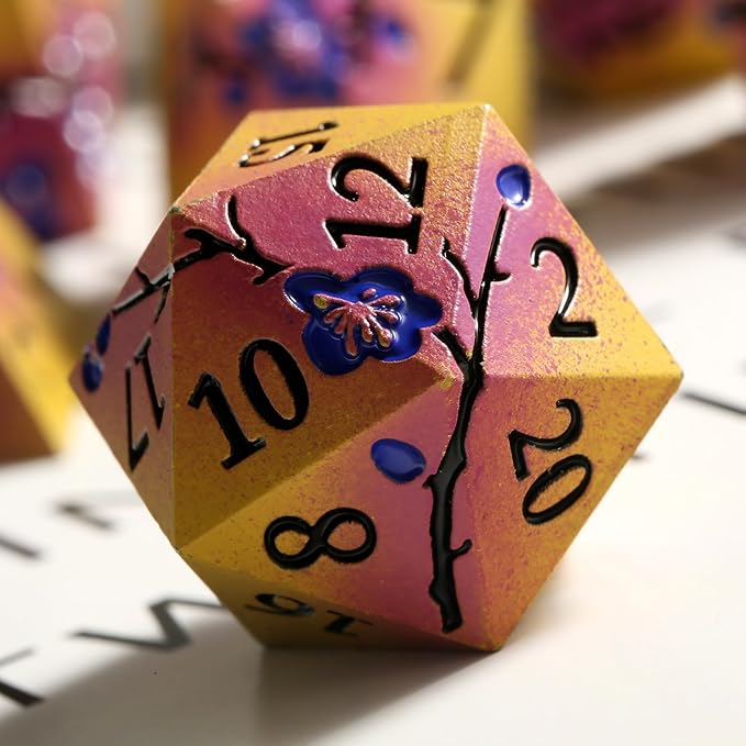 DNDND Flowers Metal Dice, 7 PCS Metallic DND Dice with Gorgeous Gift Case for D&D Dungeons and Dragon Tabletop Game (Earth Yellow and Purple)