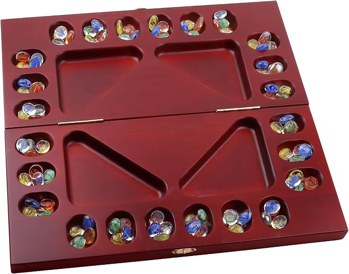 GSE Games & Sports Expert 4-Player Mancala Board Game with Multi-Color Glass Stones, Folding Wooden 4-Way Mancala Family Travel Strategy Games Set for Kids & Adults (Mahogany)