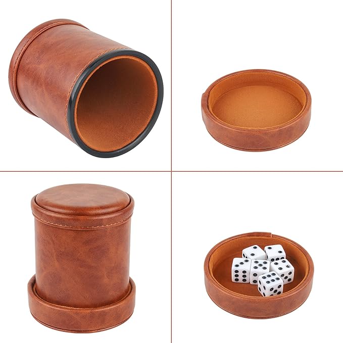 Brown PU Leather Dice Cup with Lid, Velvet Interior Quiet Dice Shaker Cup with 6 Dice for Liars Dice/Farkle/Yahtzee Games, 1 Pack