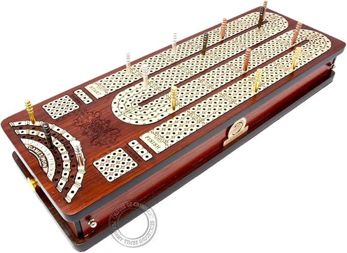 Continuous Cribbage Board Bloodwood/Maple and Side Pull Drawers - 4 Tracks with Place to Mark Won Games - House of Cribbage