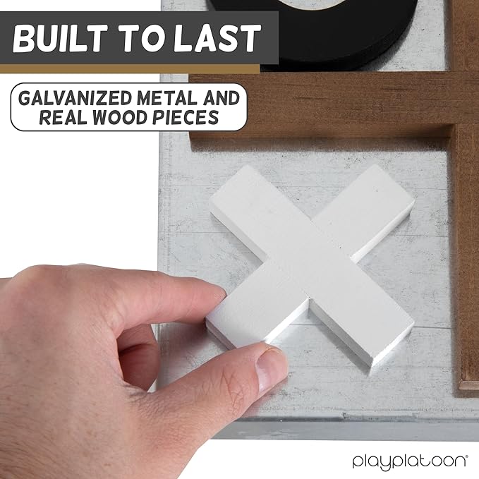 Play Platoon Metal & Wood Magnetic Tic Tac Toe Wall Mounted Games - 13.5 Inch Table Top Playroom Decor or Wall Mounted Room Decor - Rustic Board Game, Room Accessories