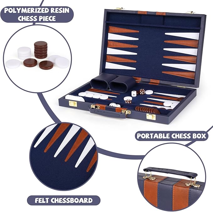 15 Inch Backgammon Sets for Adults ，Classic Family Board Game with Premium Folding Leather Backgammon Case, Portable Travels Strategy Backgammon Game Set