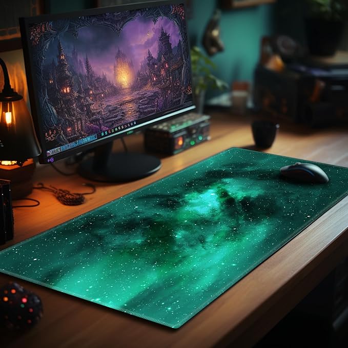 Card Playmat 24" x 14" Game Mat for MTG/TCG Cards, Trading Card Game Stitched Play Mats Original Duel Mat Gaming Competition Pad Board Games Card Binder, Galaxy Green Mana