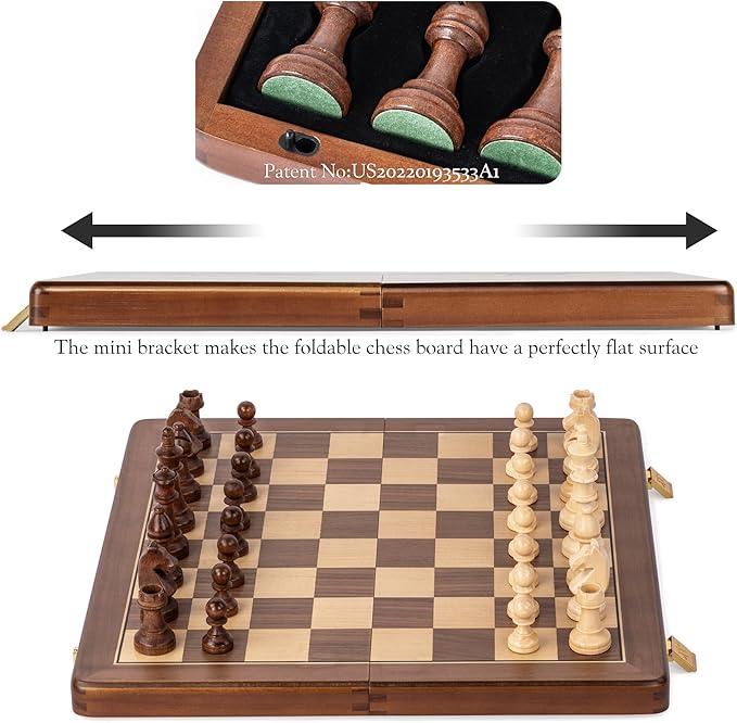 A&A 15" Magnetic Wooden Chess Set, Handmade 3" King Height Knight Staunton Chess Pieces with 2 Extra Queen, Folding Portable Travel Game Set