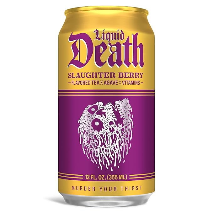 Liquid Death, Slaughter Berry Flavored Iced Tea, 12-Pack (12 oz Cans), Raspberry Flavored Black Tea, Low Calorie, No Artificial Sweeteners, B12 & B6 Vitamins