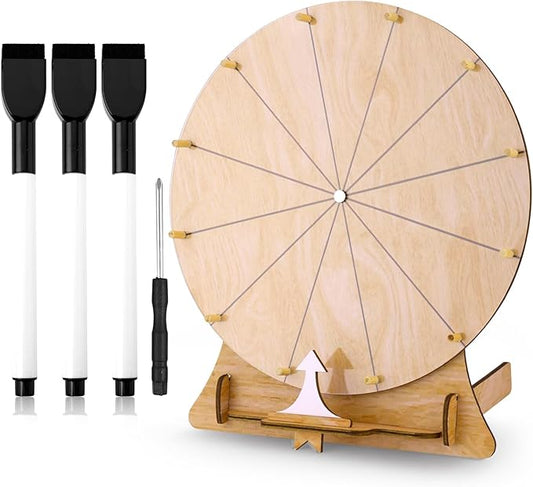 11.4 Inch Wood Wedding Game Spinning Wheel, Wooden Prize Wheel Spinner with Stand, Erasable Spin Wheel, Carnival Fortune Game Roulette Wheel, Tabletop Raffle Wheel for Wedding Engagement