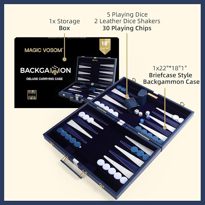 Travel Large 18 Inch Backgammon Blue Sets Classic Board Game with Premium Leather Case, Portable Travels Strategy Backgammon Game Set for Adults, Kids (Blue, Large)